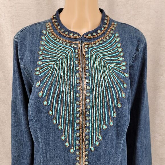 Chico's Denim Jacket with Turquoise and Bronze Color Beading Western Boho - Picture 4 of 12